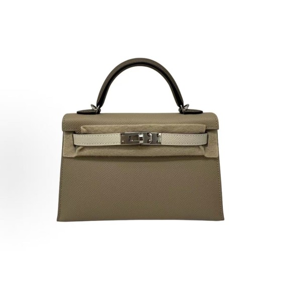 HERMES Mini Kelly II 19 Silver buckle Kelly Bag single-shoulder crossbody handbag 19 Women\'s windbreaker Grey, cream white and elephant grey